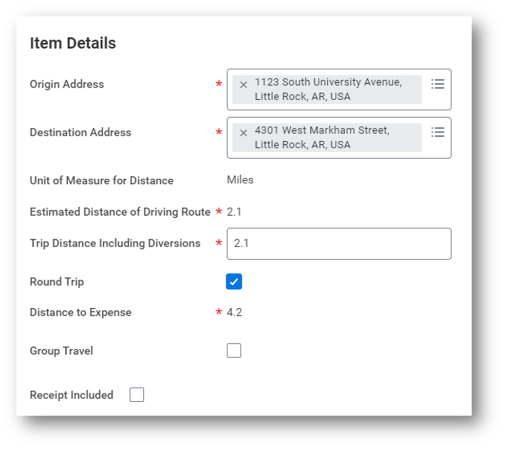 Image displaying screenshot of Workday to enter item details such as origin address, destination address, trip distance, indicate as round trip, or group travel.
