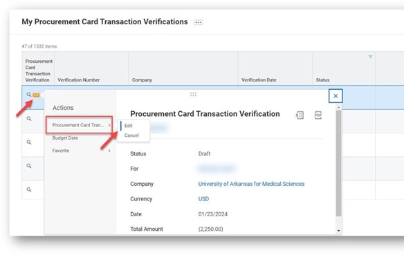 My Procurement Card Transaction Verifications Screenshot (edit screen)