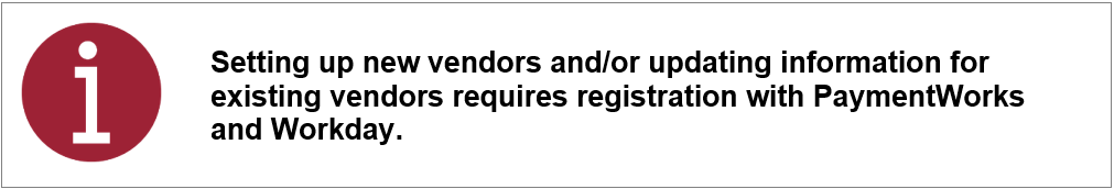 Setting up new vendors and/or updating information for existing vendors requires registration with PaymentWorks and Workday.